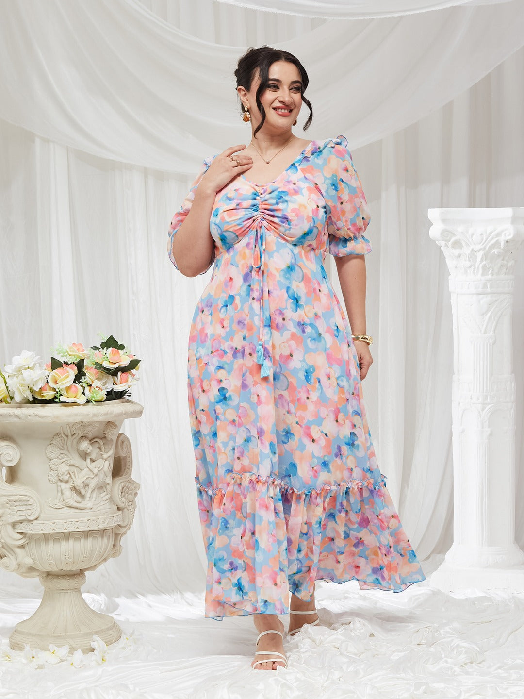 Sky Blue V-Neck Puff Sleeve Floral Ruching Ankle-Length Dress for Women — Miss Chase A+