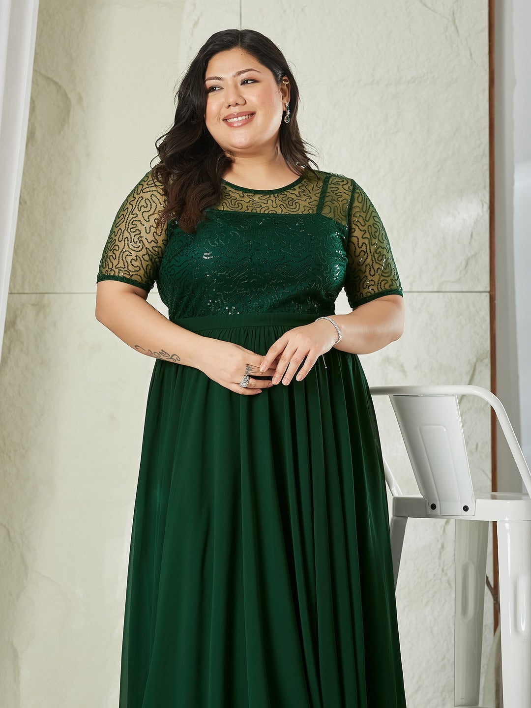 Dark Green Relaxed Fit Maxi Georgette & Sequins Dress for Women