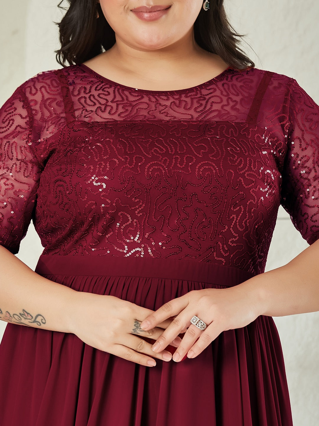 Maaroon Relaxed Fit Maxi Georgette & Sequins Dress for Women