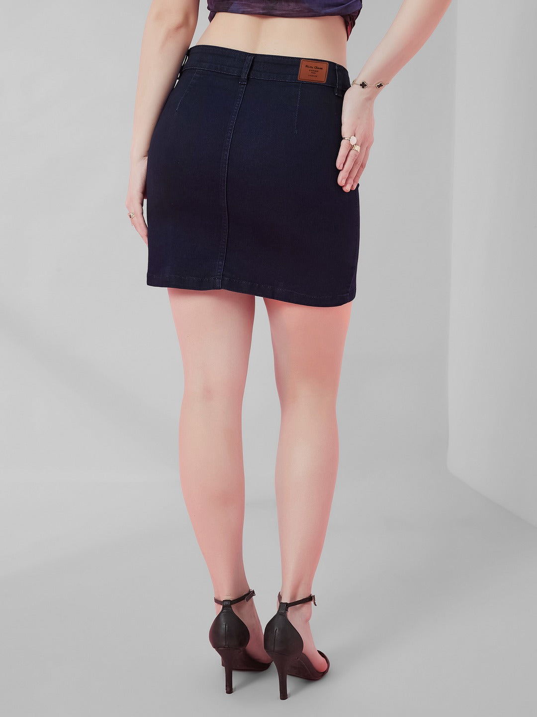 Navy Blue Stretchable Solid A-line Mini Denim Skirt for Women
