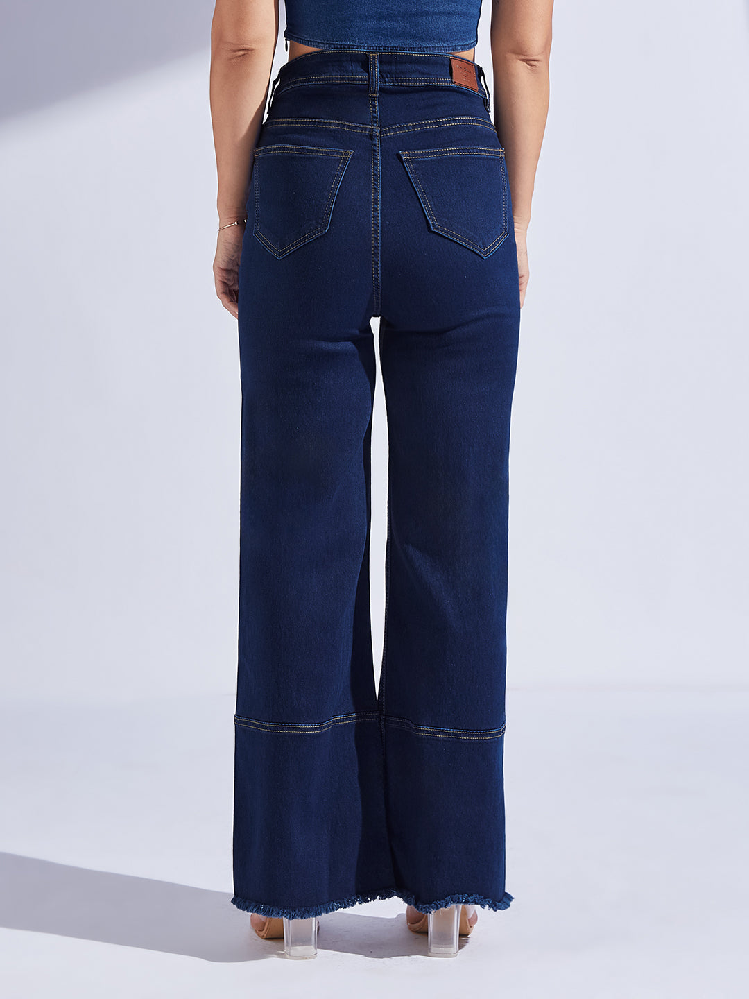 Women's Navy Blue Wide Leg High-Rise Regular-Length Stretchable Denim Jeans
