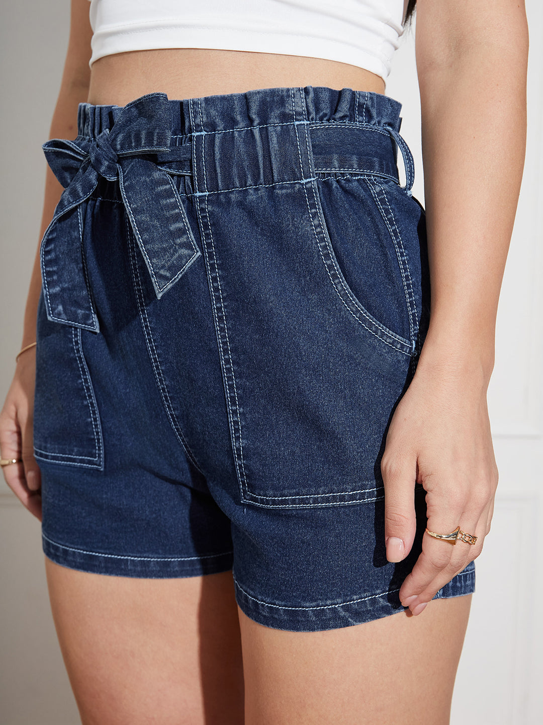 Women's Blue High-Rise Paperbag Denim Shorts with Tie-Up Belt & Carpenter Pockets