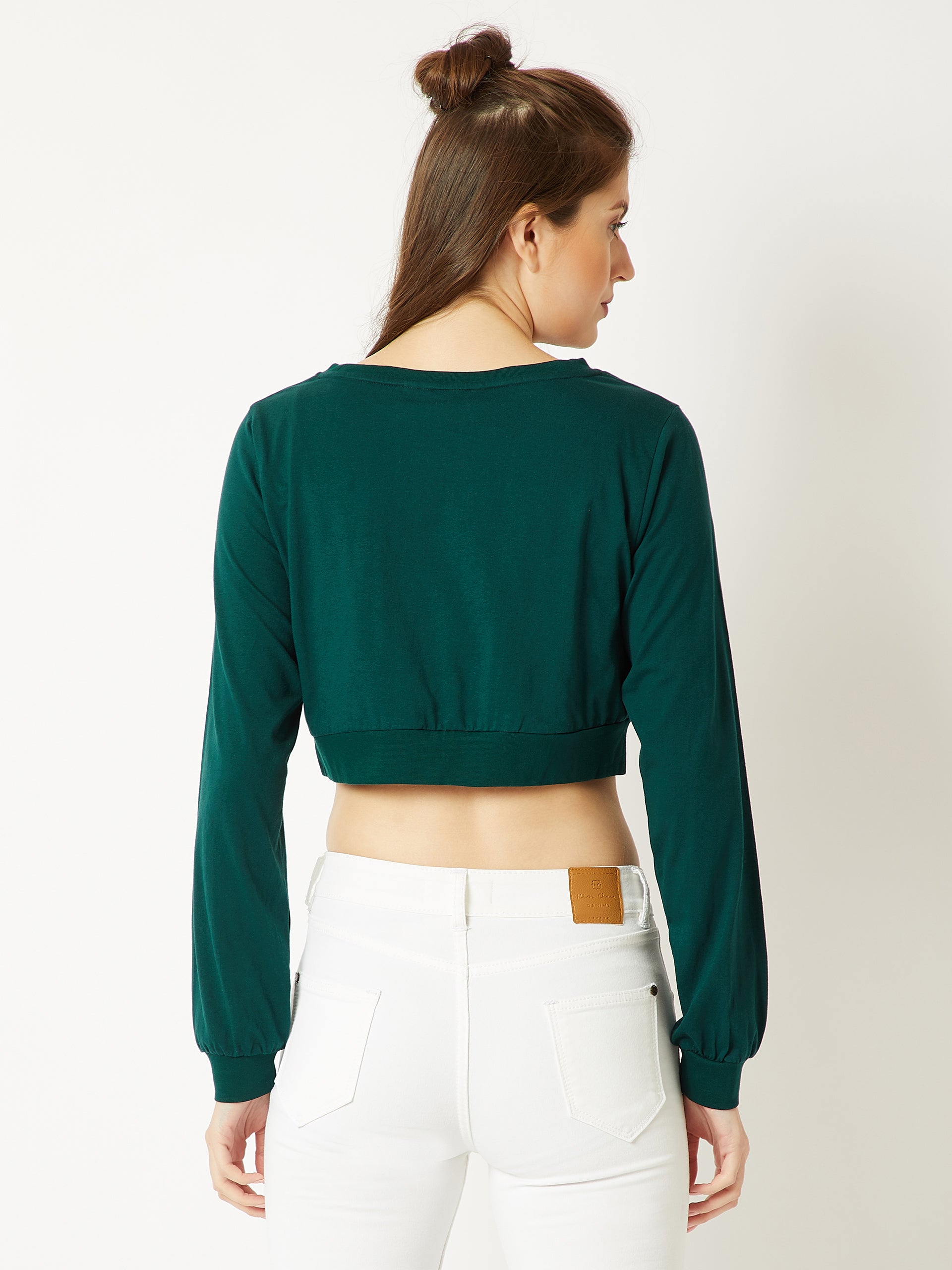 Women's Green Round Neck Full Sleeve Cotton Solid Pompom And Twill Tape Detailing Boxy Crop Top