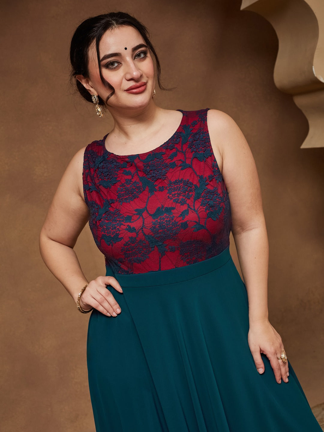 Teal Round Neck Sleeveless Georgette & Lace Floral Fit & Flare Maxi Dress for Women — Miss Chase A+