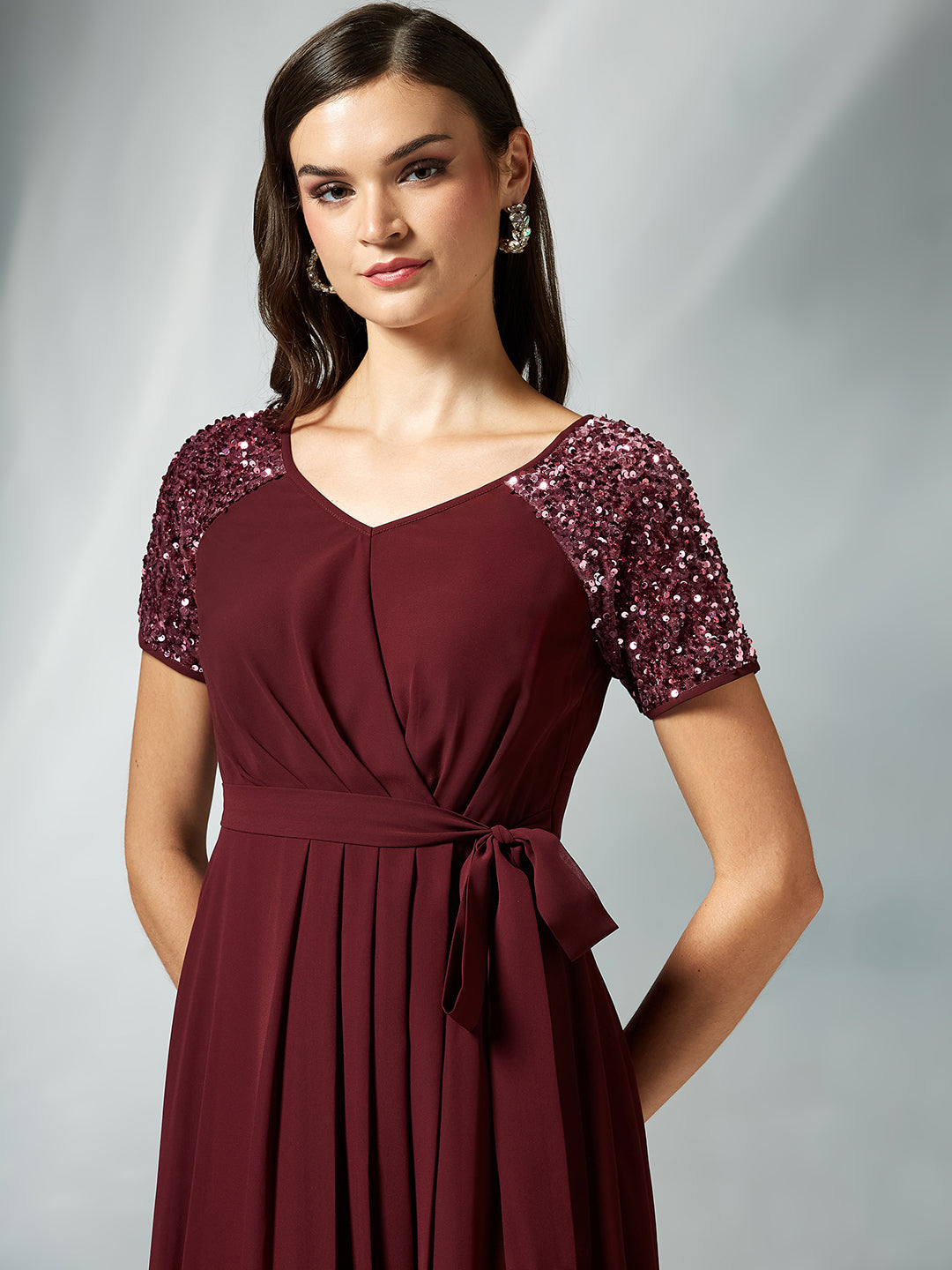 Wine Relaxed Fit Maxi Georgette Dress for Women