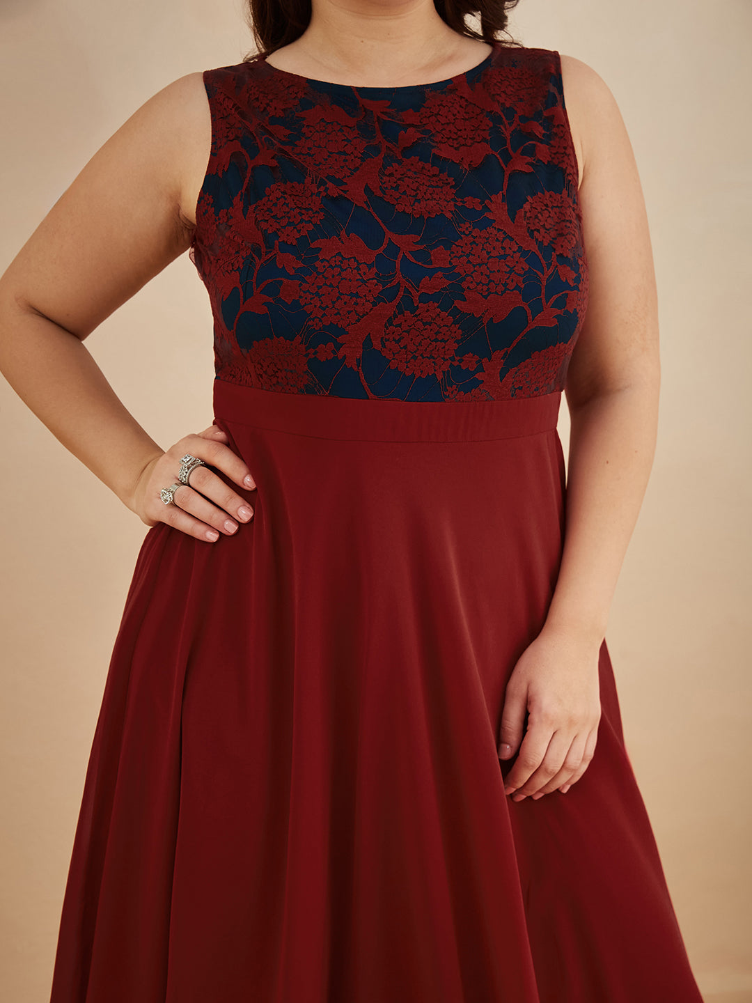 Maroon & Teal Boat Neck Sleeveless Self Design Lace Overlaid Maxi Dress for Women — Miss Chase A+