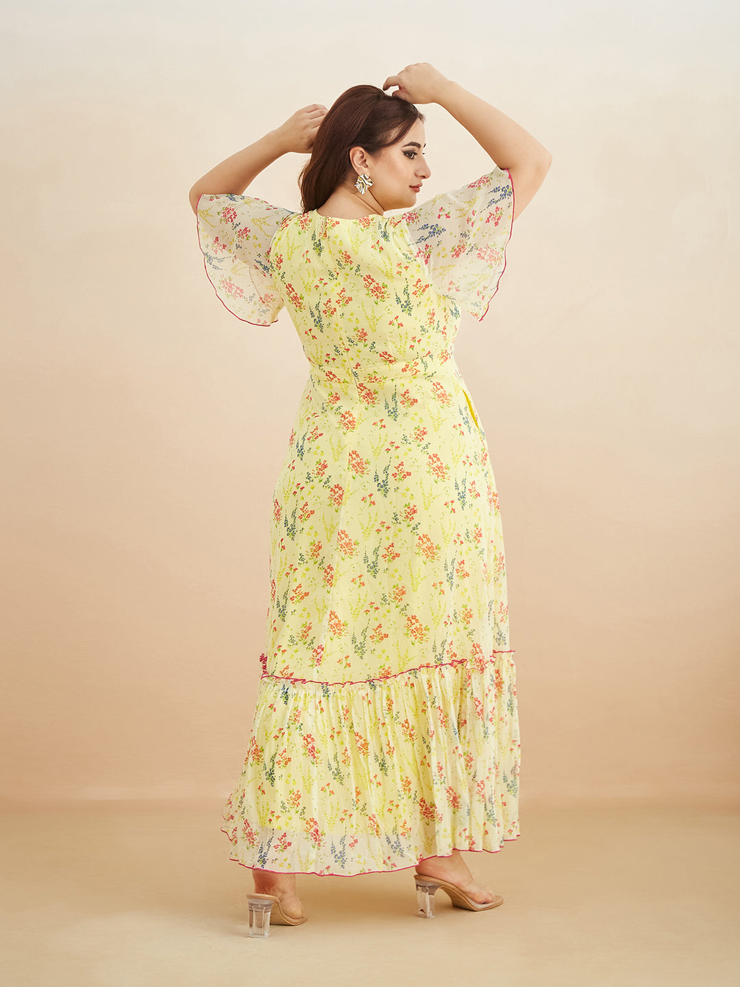 Yellow V Neck Flared Sleeve Floral Wrap Maxi Dress for Women