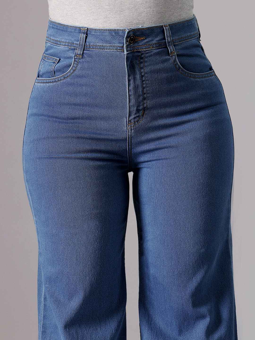 Mid-Blue Wide-Leg High-Rise Clean-Look Stretchable Denim Jeans for Women