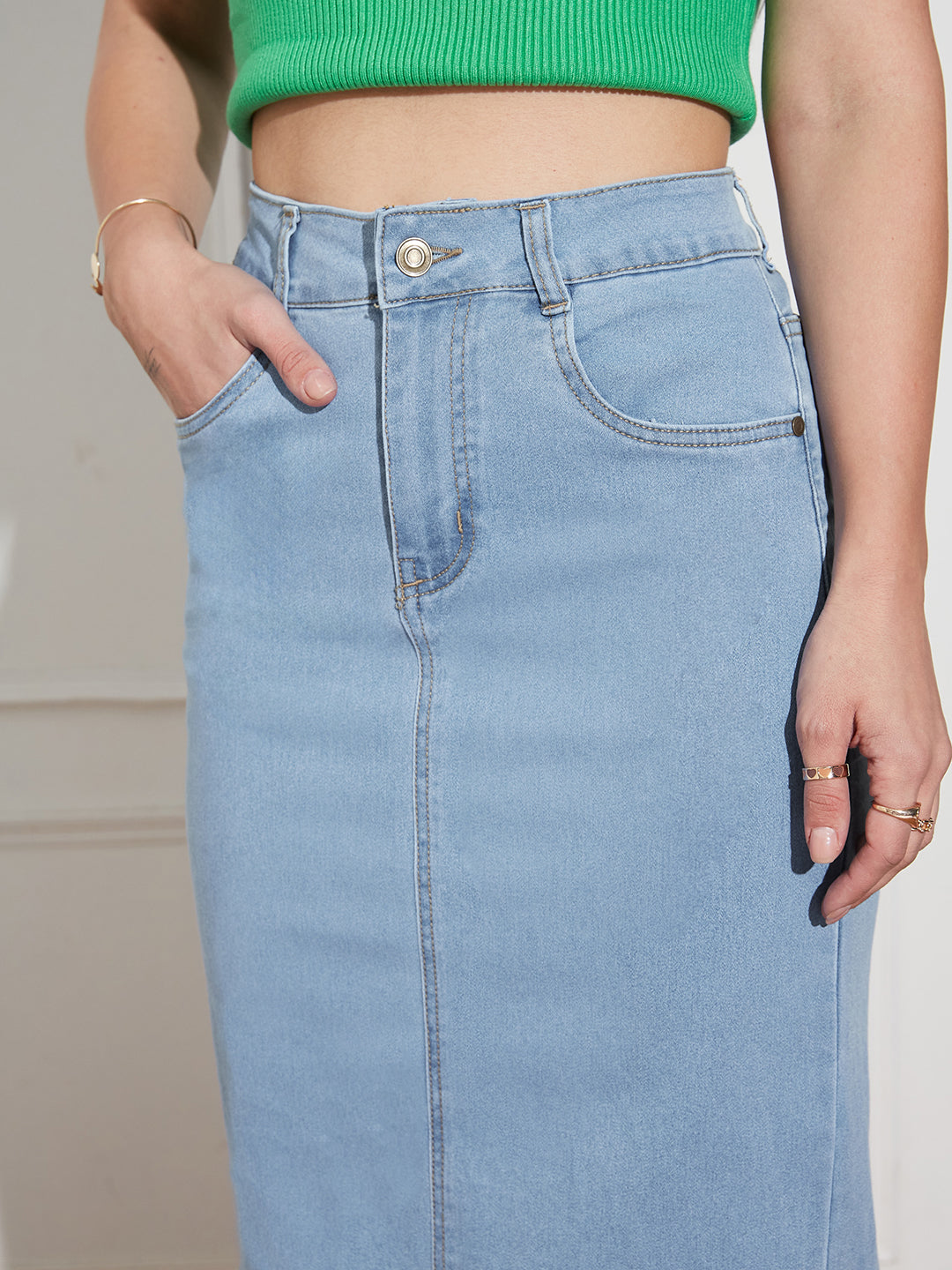 Women's Light Blue Straight High Rise Clean Look Midi Stretchable Denim Denim Skirt