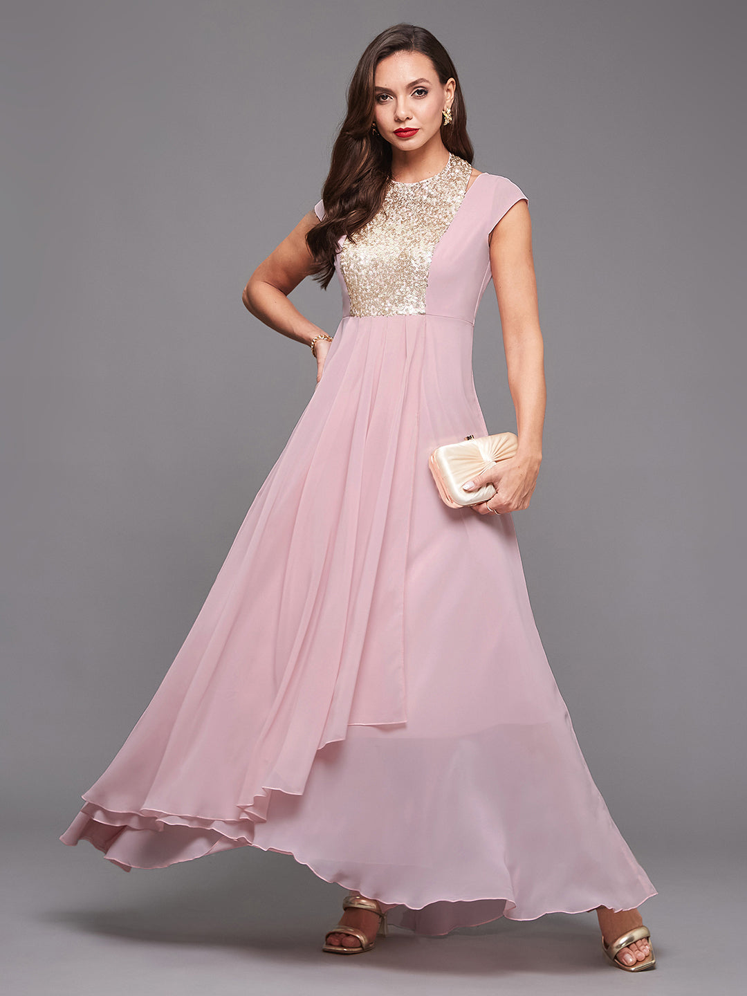 Women's Dusty Pink Round neck Cap Sleeve Sequined Party Maxi Dress