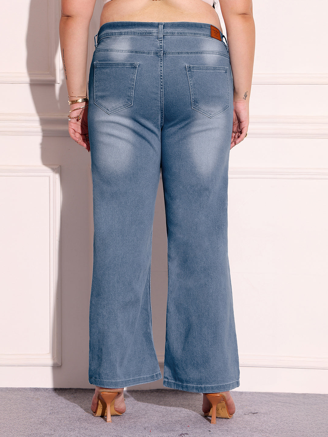 Women's Light Blue Wide-Leg Mid Rise Blast Effect Denim Jeans