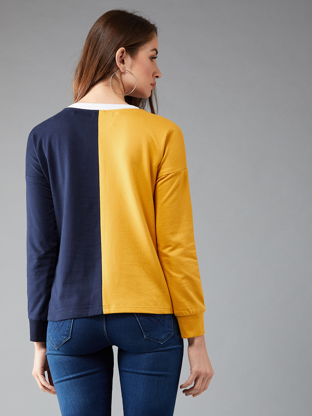 Women's Mustard & Navy Blue Round Neck Full sleeves Solid Color-Block Regular length Sweatshirt