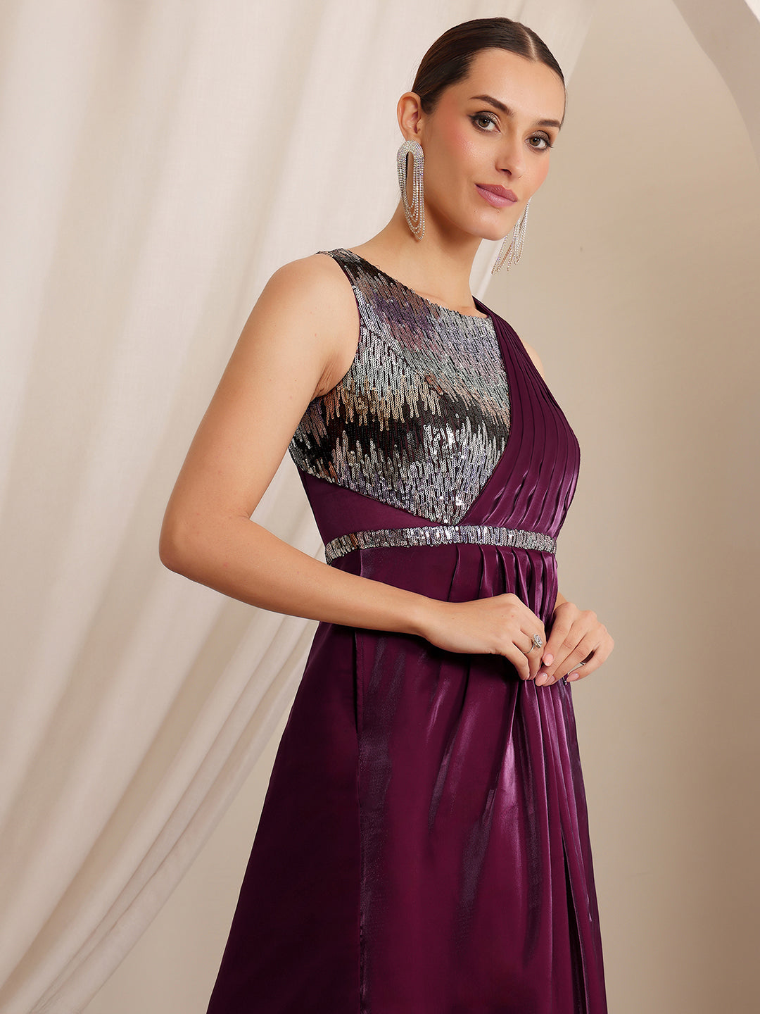 Women's Dark Purple Round Neck Sleeveless Embellished Layered Satin Maxi Dress