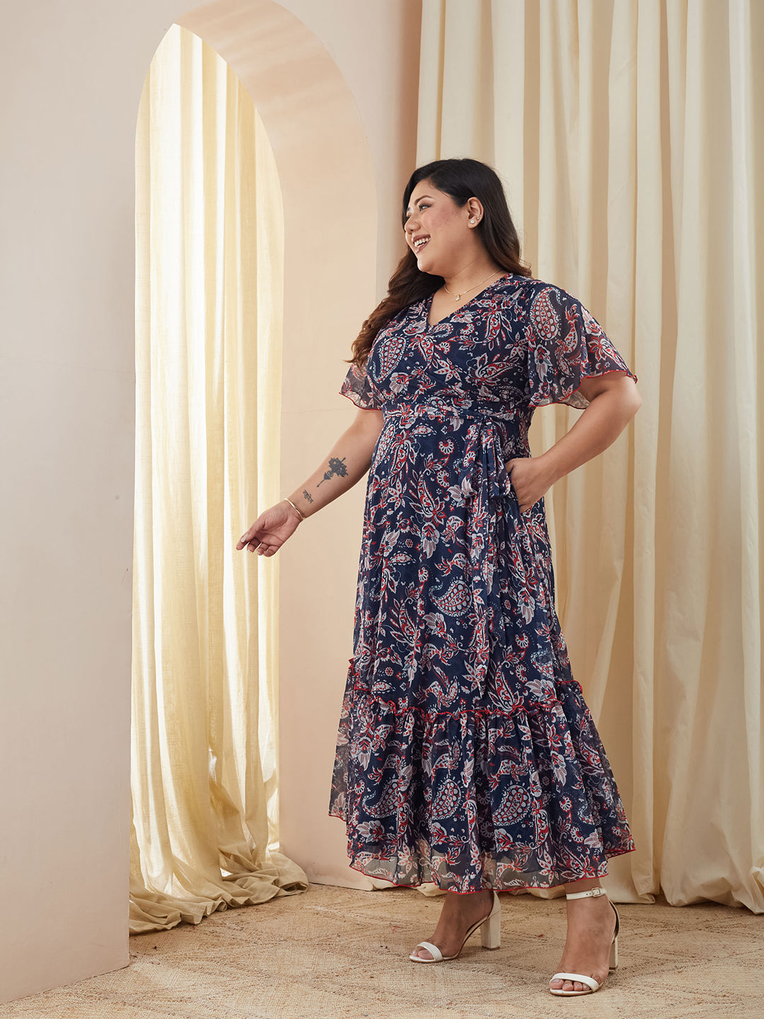 Multicolored Navy Floral Wrap Chiffon Maxi Dress with Flutter Sleeves & Frilled Hem for Women — Miss Chase A+