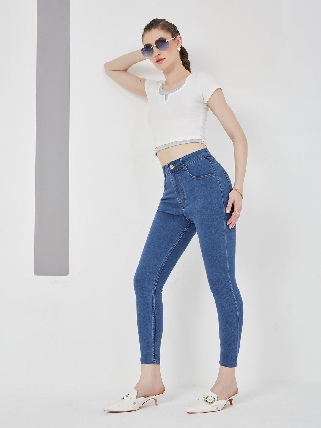Blue Skinny High-Rise Cropped Denim Jeans for Women