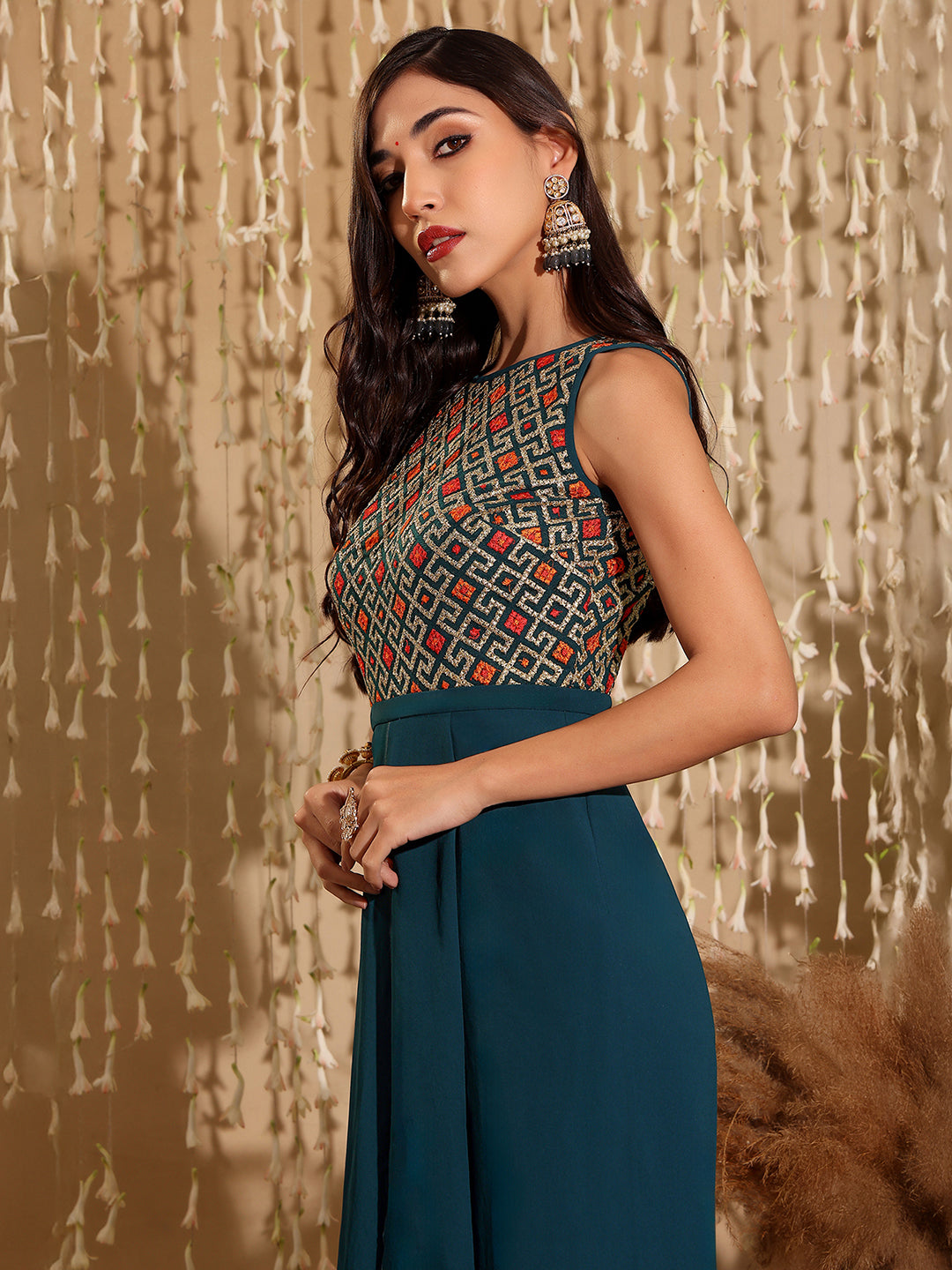 Women's Multicolored- Base- Teal Round Neck Sleeveless Embroidered Regular Jumpsuit