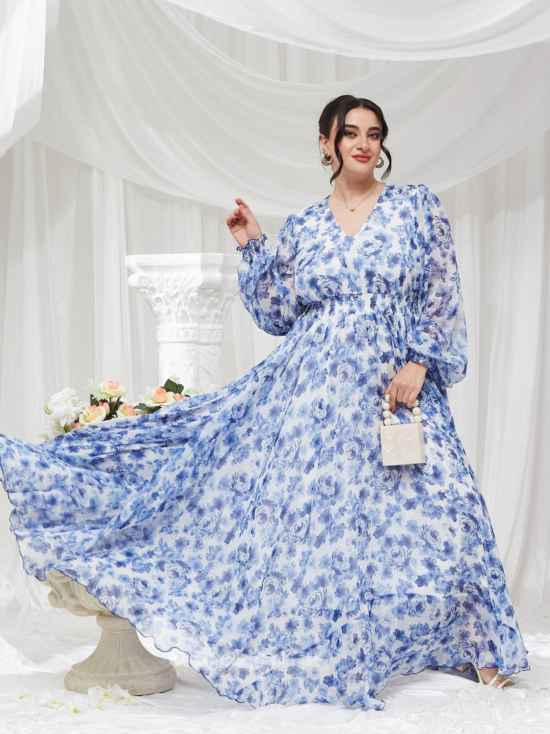 White V-Neck Full Sleeve Floral Gathered Chiffon Maxi Dress for Women — Miss Chase A+