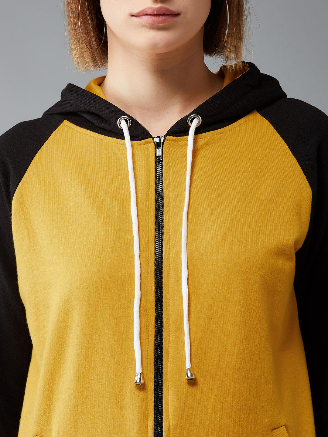 Women's Multicolored- Base- Mustard Yellow Hooded Full Sleeves Loopknit, Rib Solid Color-Block/Raglan Regular Length Jacket