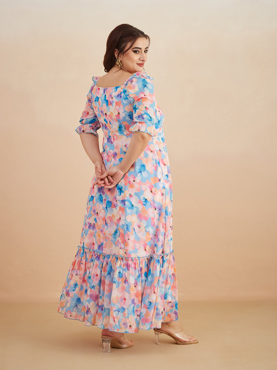 Multicolored-Base-Sky Blue V-Neck Puff Sleeve Floral Ruching Ankle-Length Dress for Women