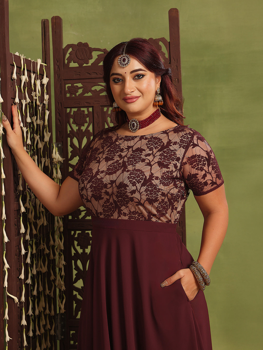 Women's Wine & Beige Relaxed-Fit Georgette Dress