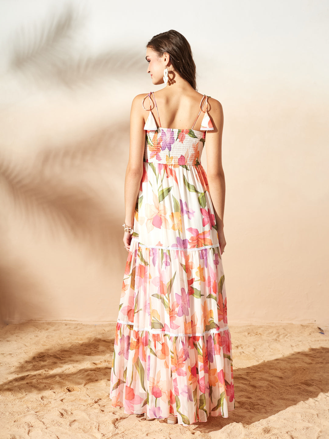 Green & Orange Shoulder Tie-Up Floral Tiered Maxi Chiffon Dress for Women