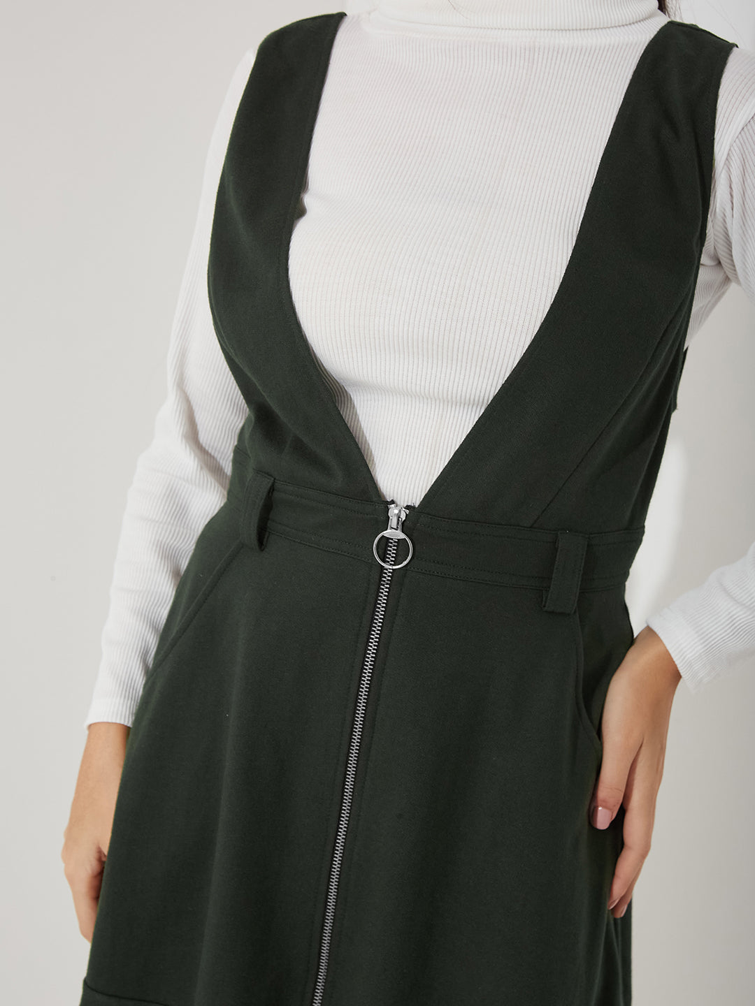 Bottle Green Solid Polyester Pinafore Dress with Zipper Detail and Side Pockets for Women — Miss Chase