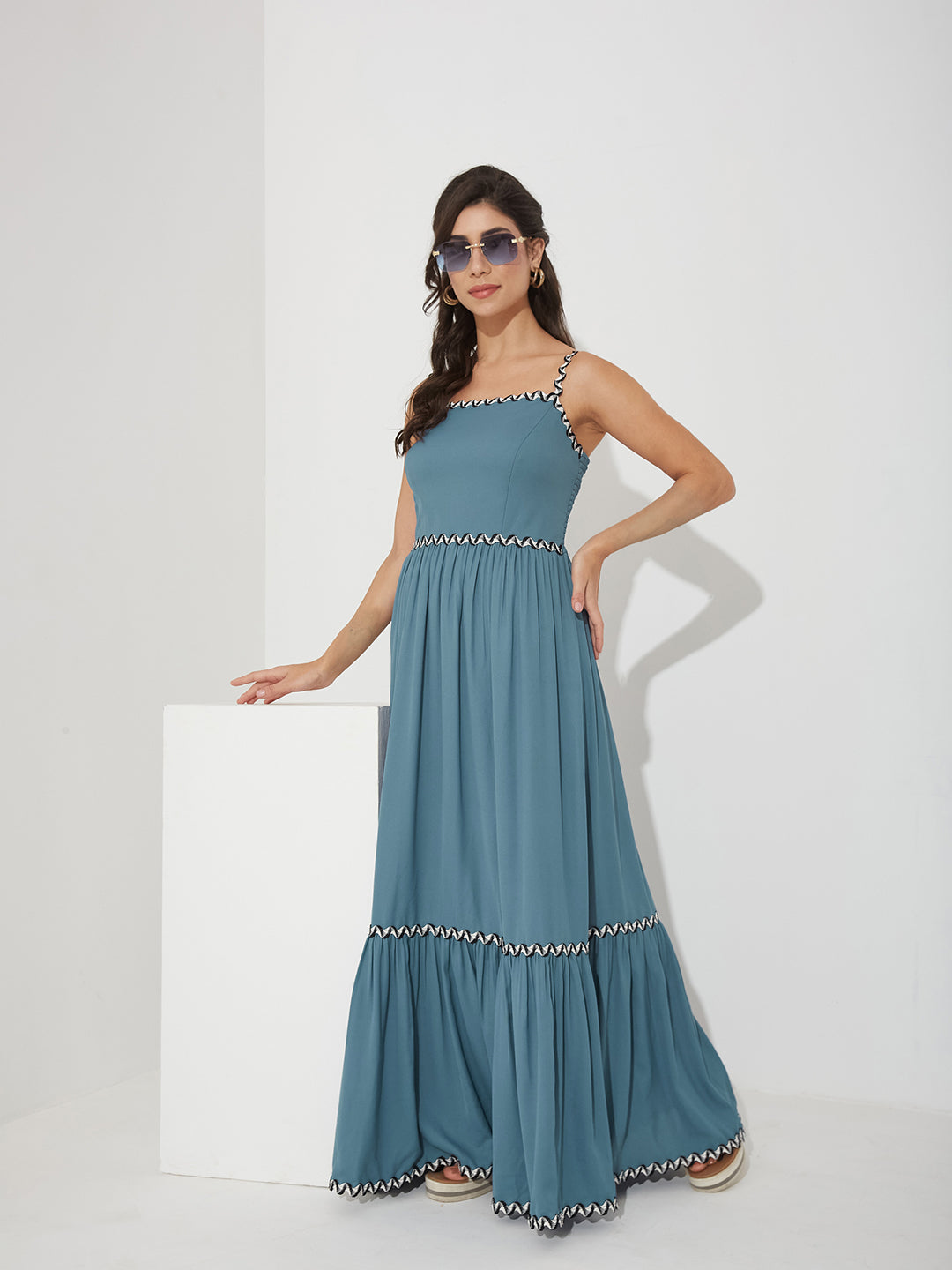 Blue Square Neck Sleeveless Solid Tiered Maxi Crepe Dress for Women — Miss Chase