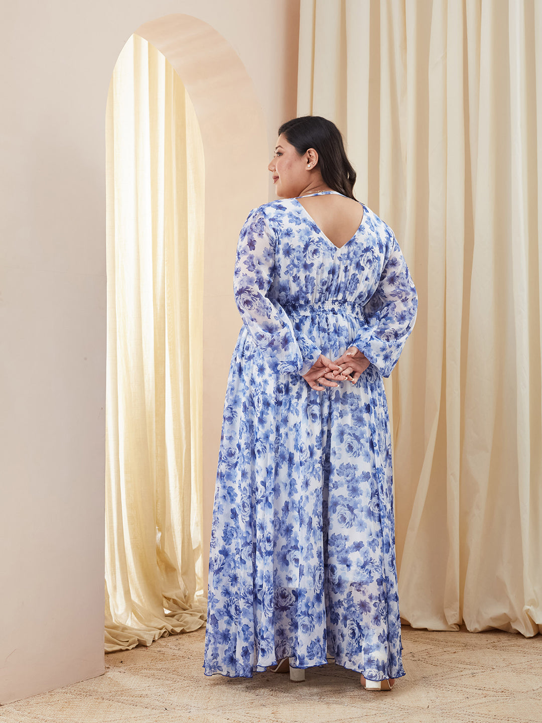 Multicolored Base White V-Neck Full Sleeve Floral Gathered Chiffon Maxi Dress for Women