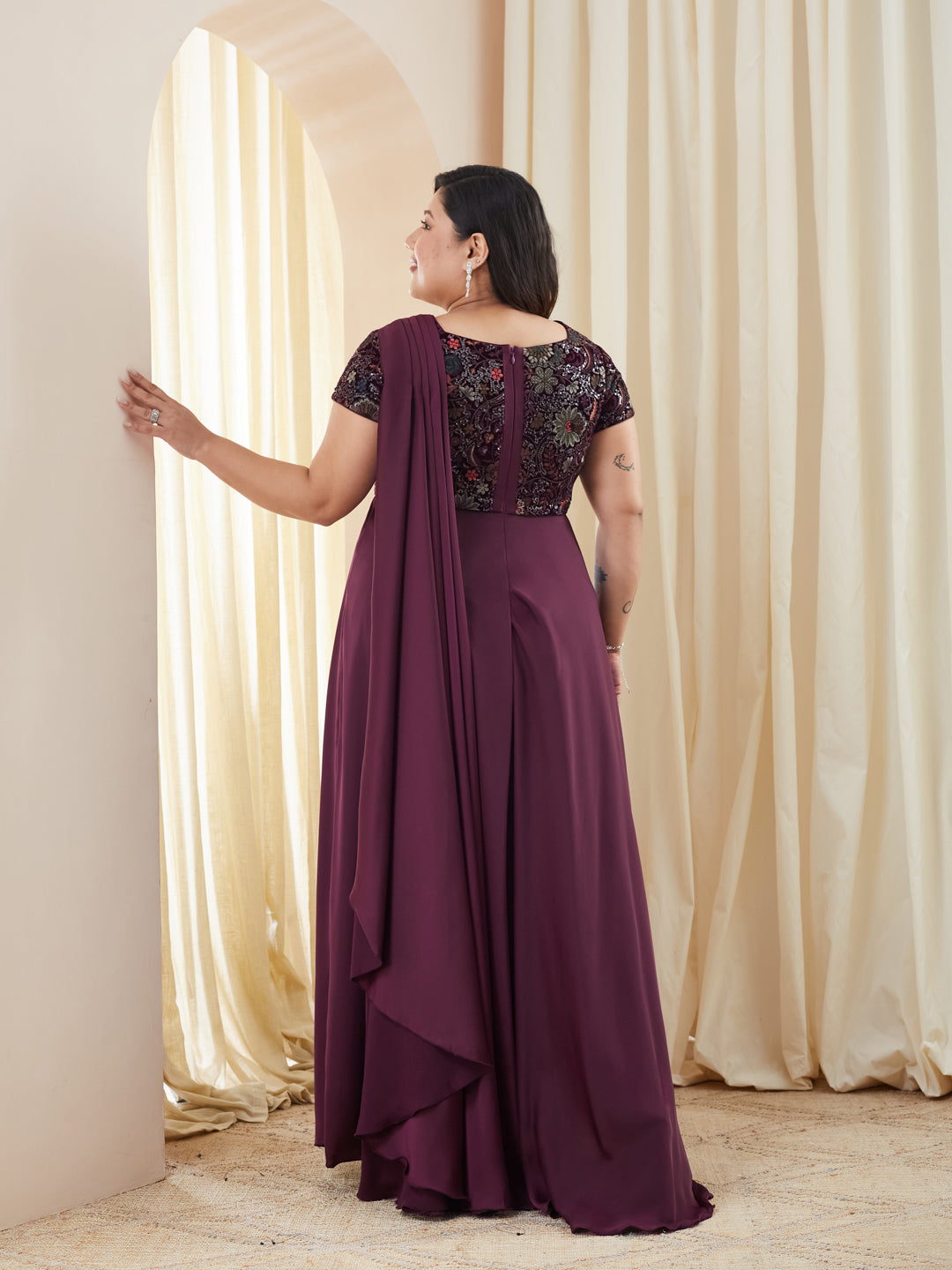 Purple Asymmetric Draped Gown in Embroidered Luxe Satin for Women