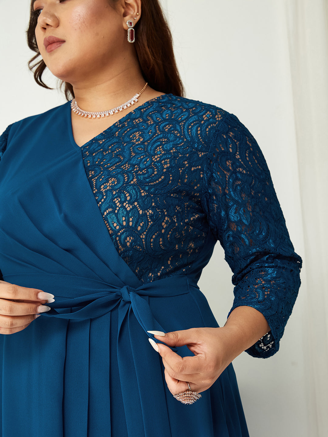 Royal Blue V-Neck 3/4 Sleeve Self-Designed Wrap-Styled Georgette Maxi Dress for Women