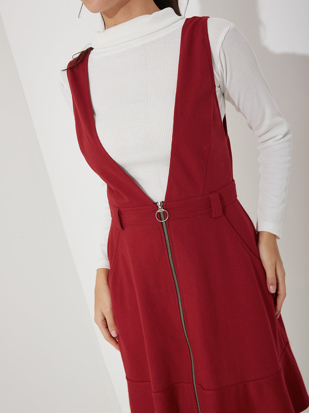 Maroon Solid Polyester Pinafore Dress with Zipper Detail and Side Pockets for Women — Miss Chase