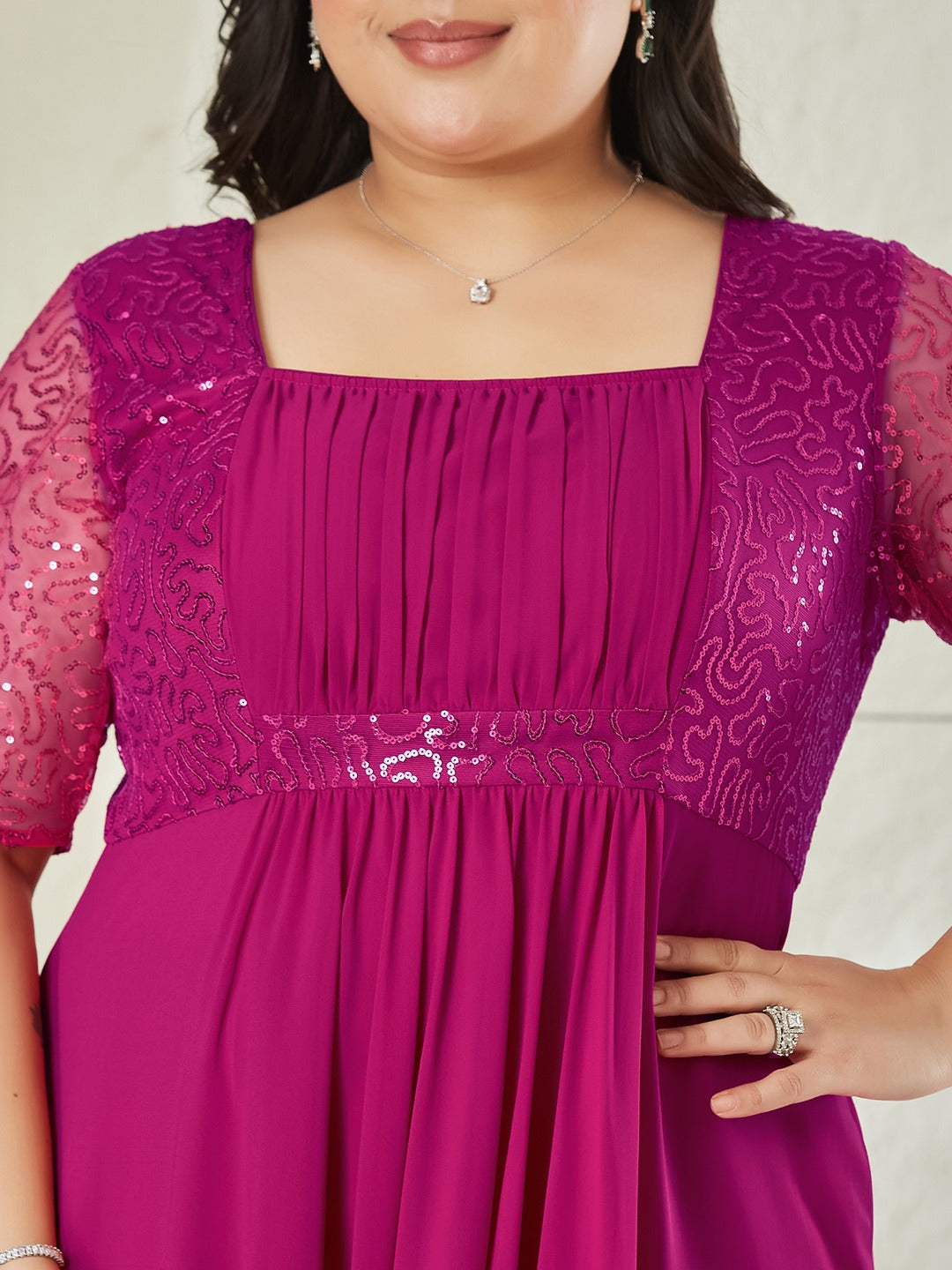 Dusty Pink Square Neck Half Sleeve Solid Embellished Maxi Dress for Women