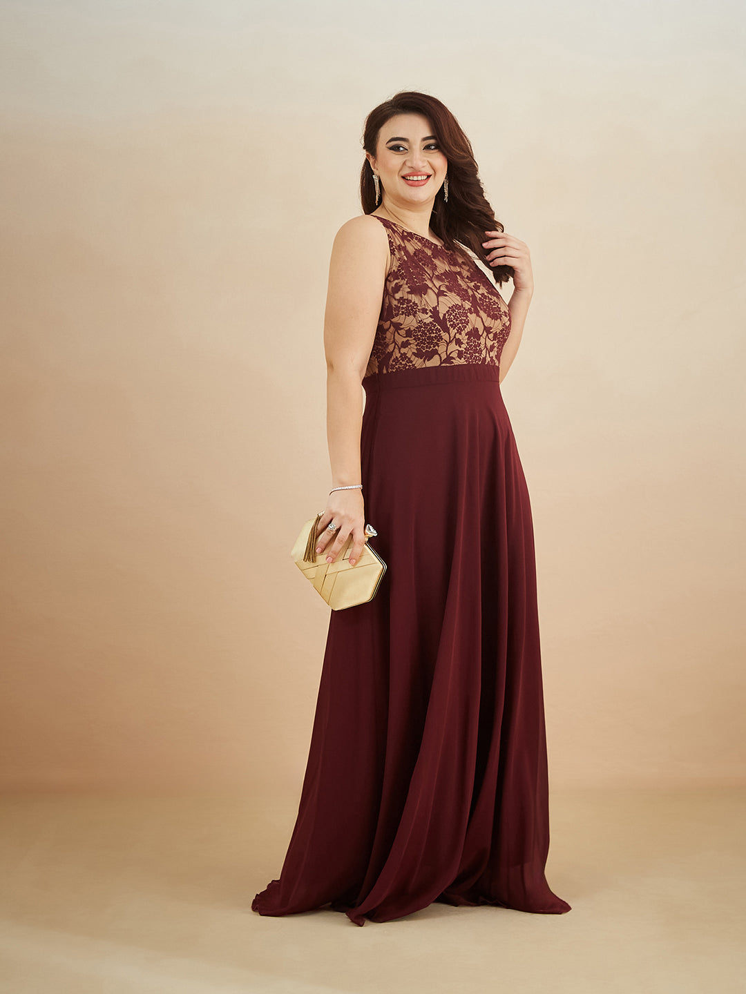 Beige & Wine Round Neck Sleeveless Georgette Floral Lace Fit & Flare Maxi Dress for Women — Miss Chase A+