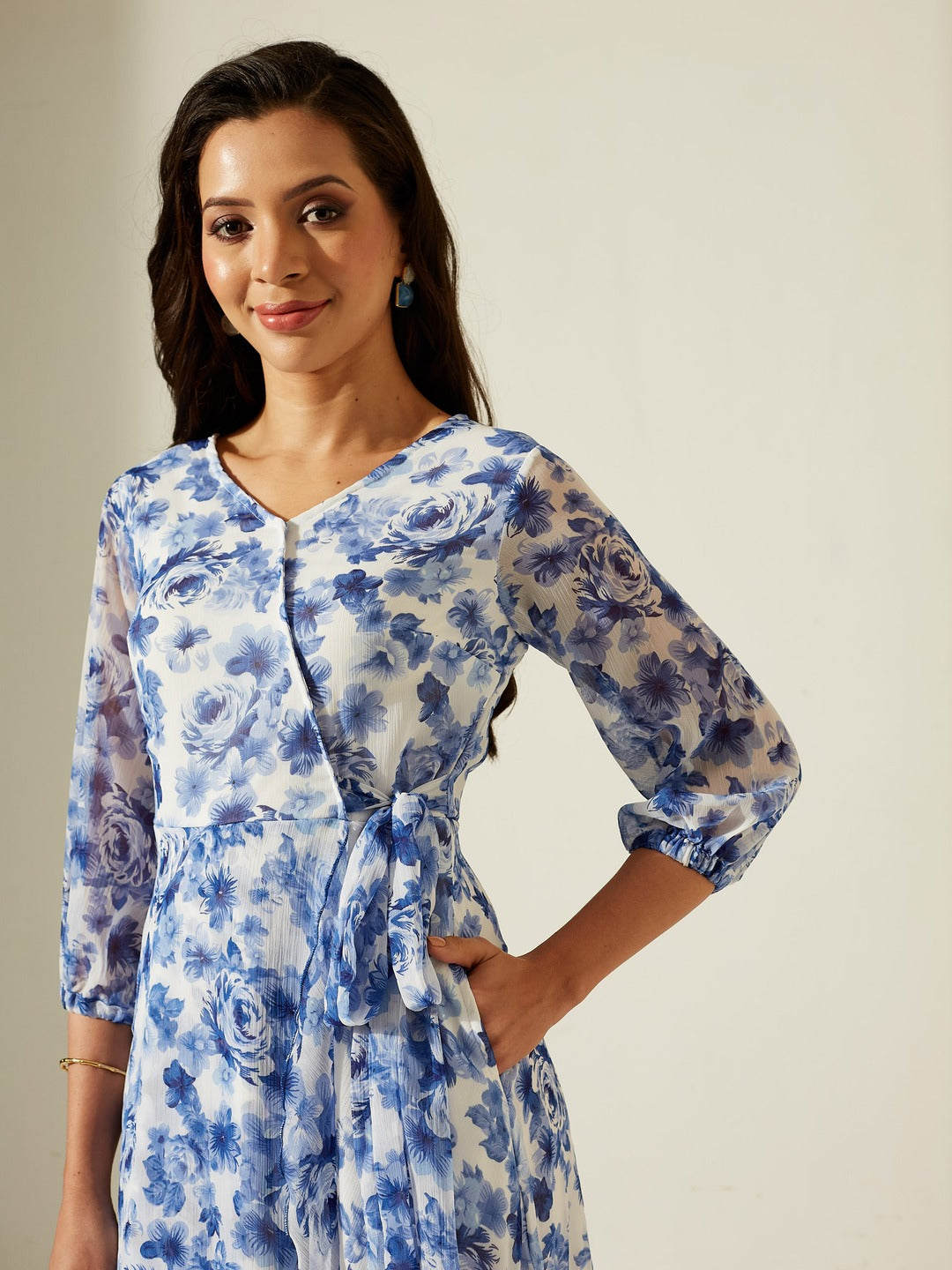 White V-Neck Three-Quarter Sleeve Floral Wrap Chiffon Midi Dress for Women