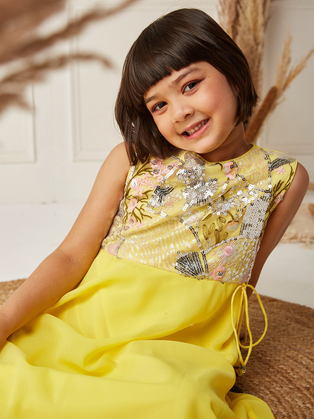 Multicolored-Base-Light Yellow Round-Neck Sleeveless Embellished Flared Polyester Maxi Dress