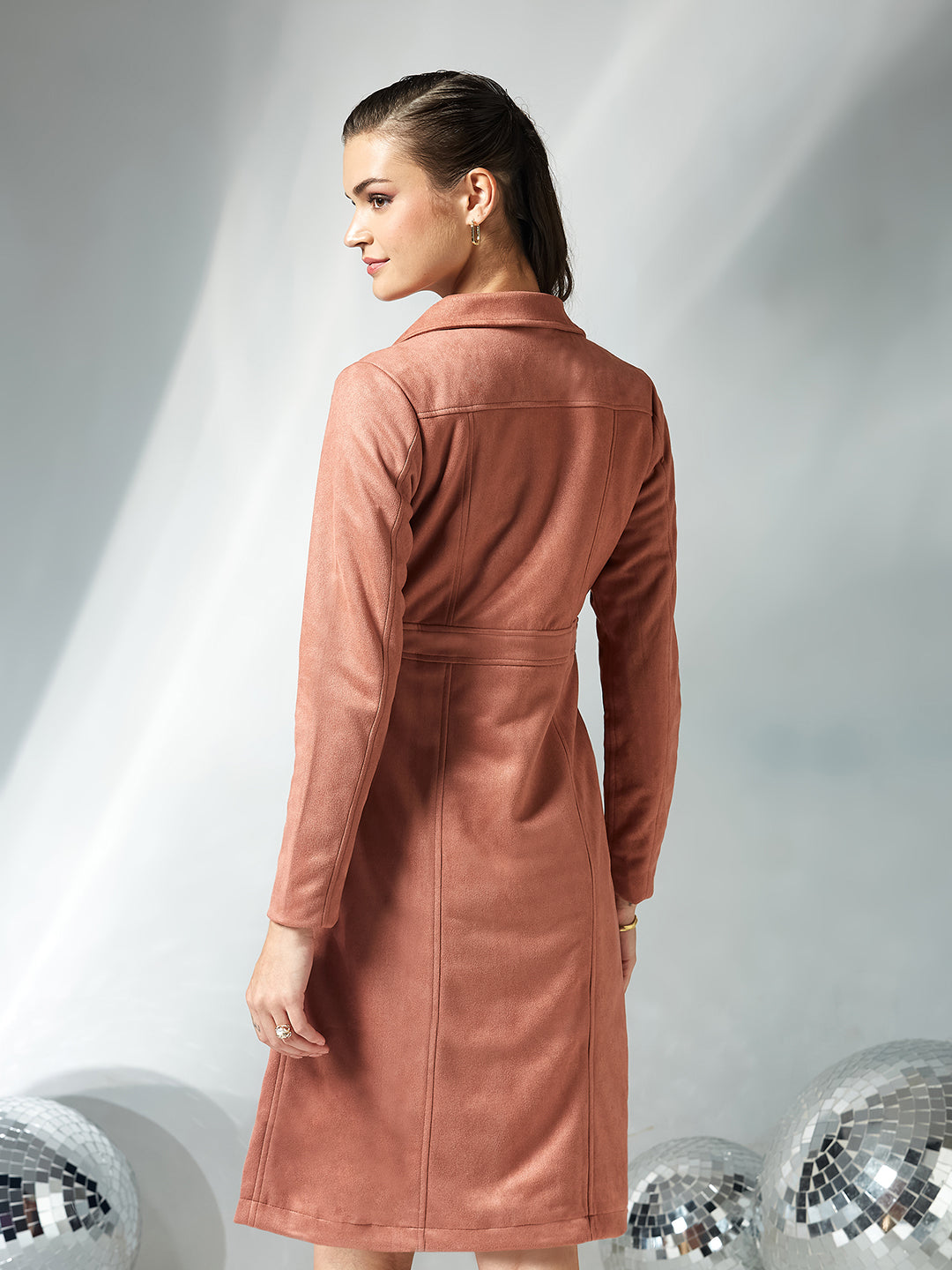 Dusty Peach Shirt-Collar Full Sleeves Solid Button-down Longline Polyester Jacket for Women