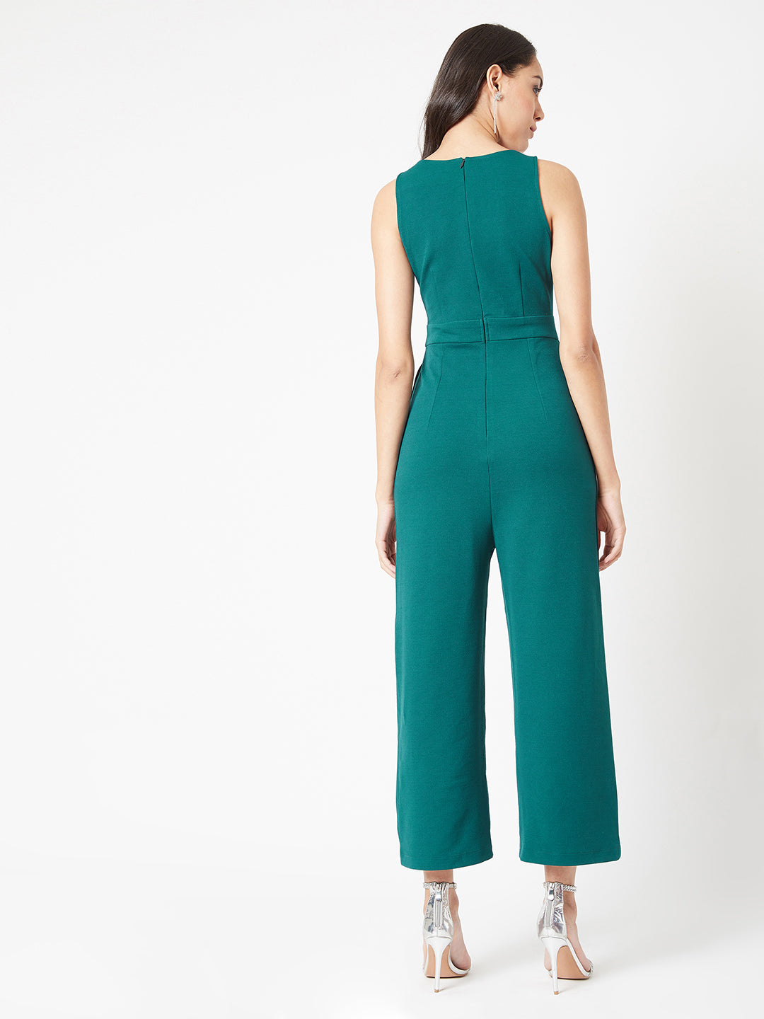 Crease Ease Women's Green V-Neck Sleeveless Solid Wrap Regular Length Jumpsuit