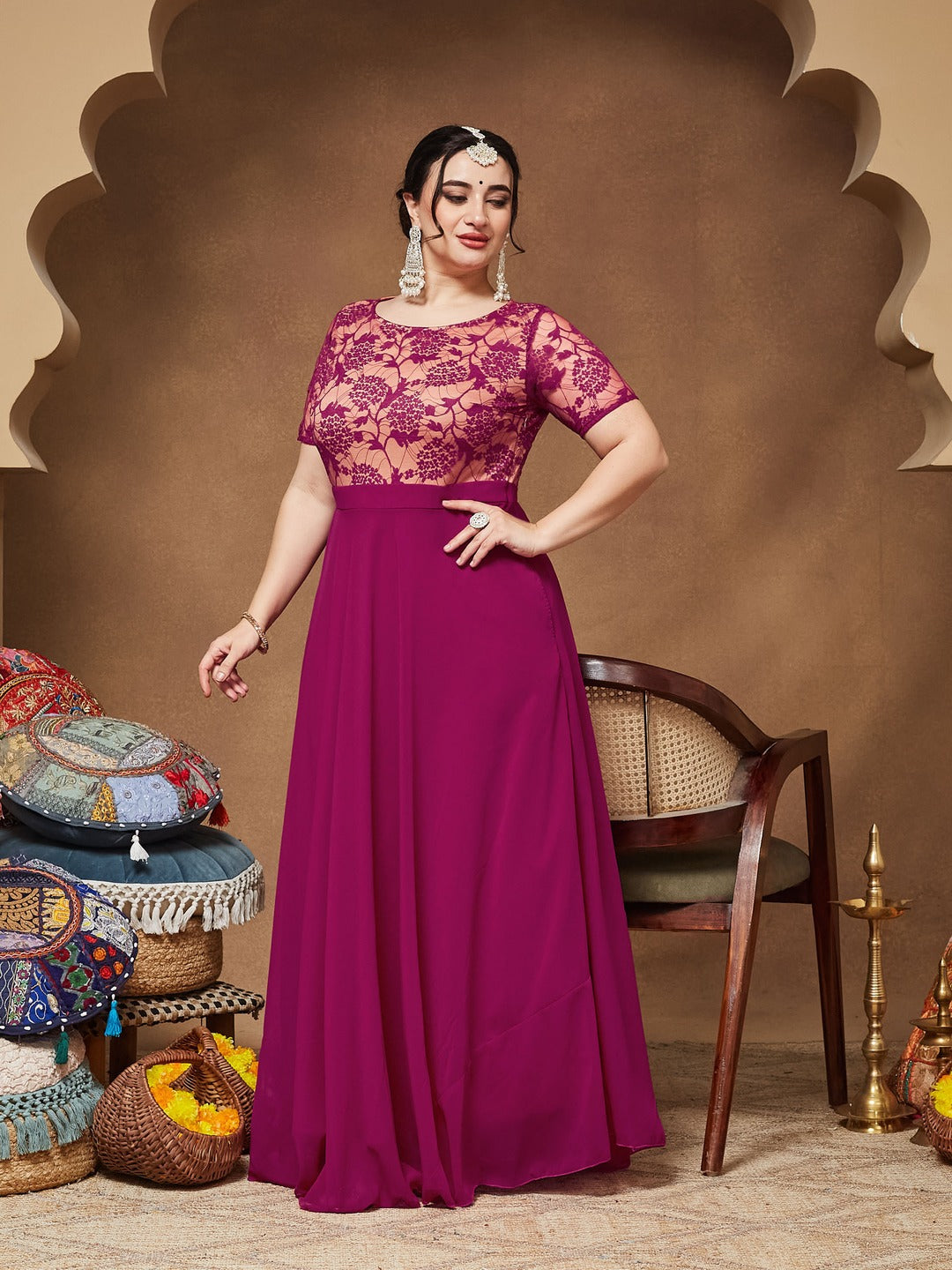 Dark Pink Round Neck Half Sleeve Self-Designed Fit & Flare Georgette Maxi Dress for Women
