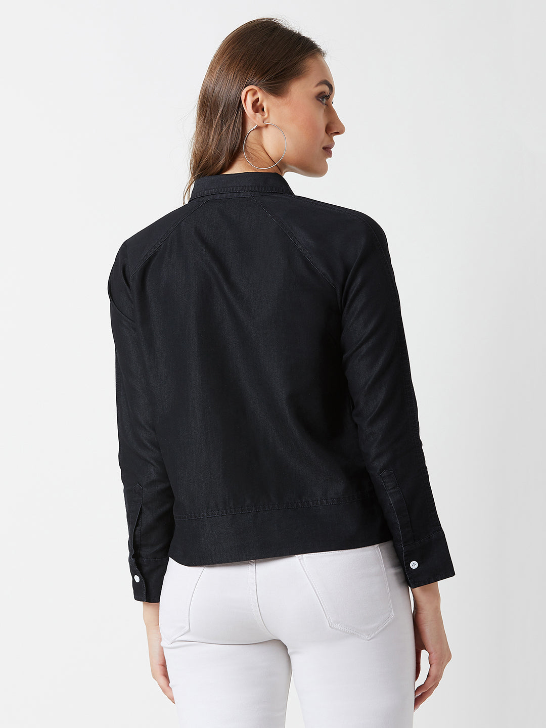 Women's Black Polo Neck Full Sleeves Flap Detailing Denim Solid Regular Length Bomber Jacket