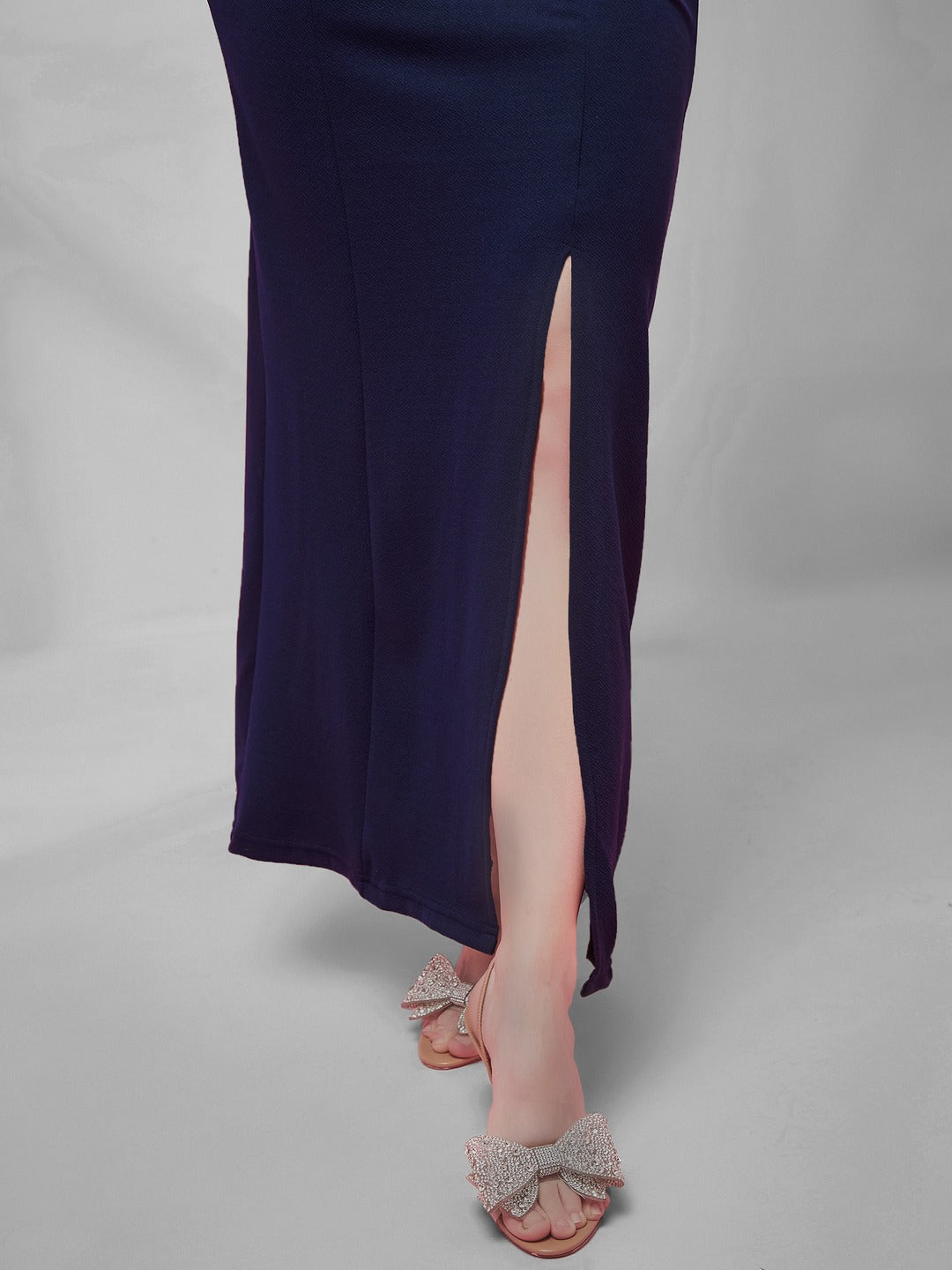 Navy Blue Round Neck Cap Sleeves Sequin Paneled Solid Bodycon Maxi Dress for Women