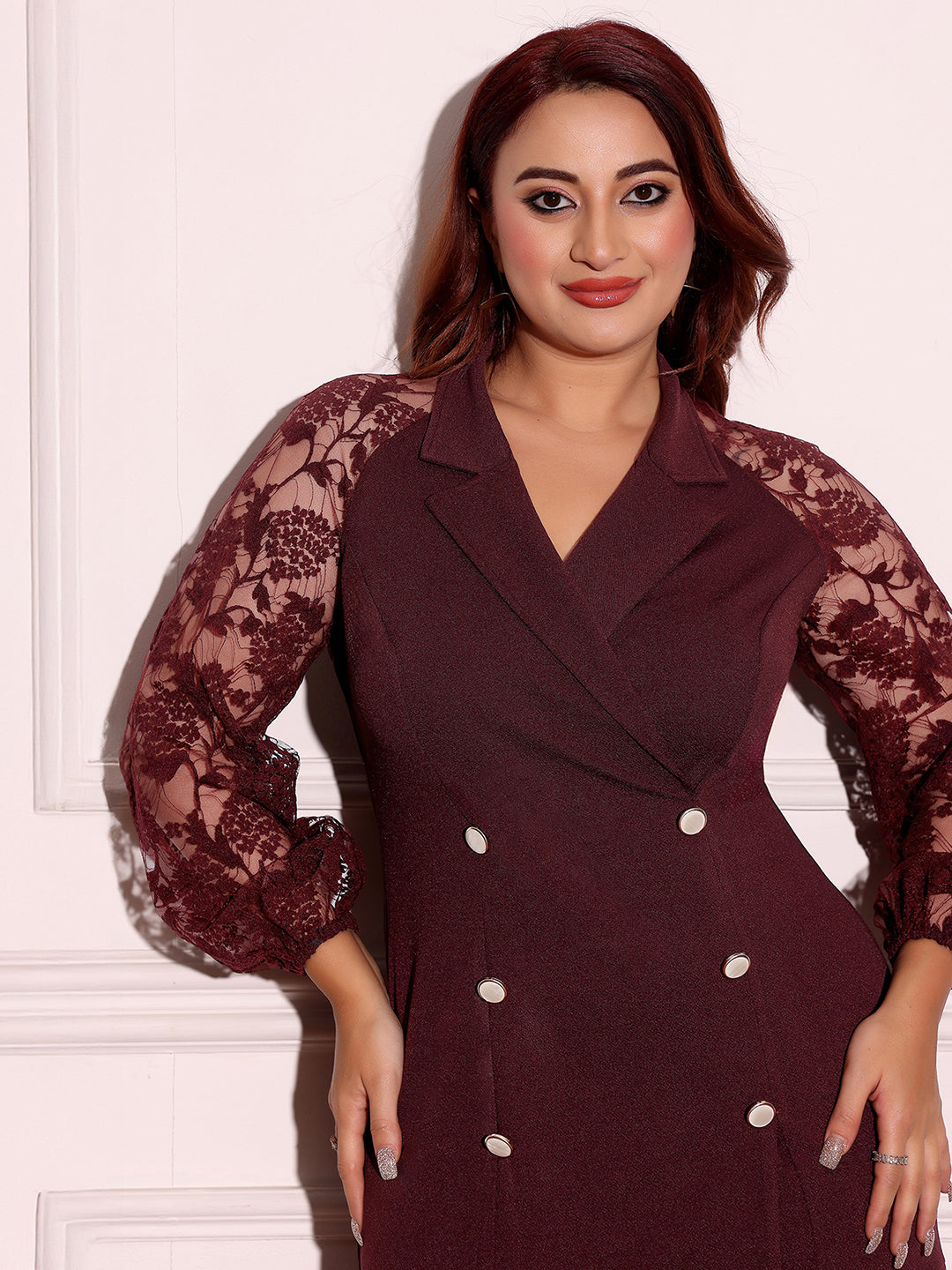 Women's Wine V-neck Full Sleeves Solid Blazer Knee Length Dress