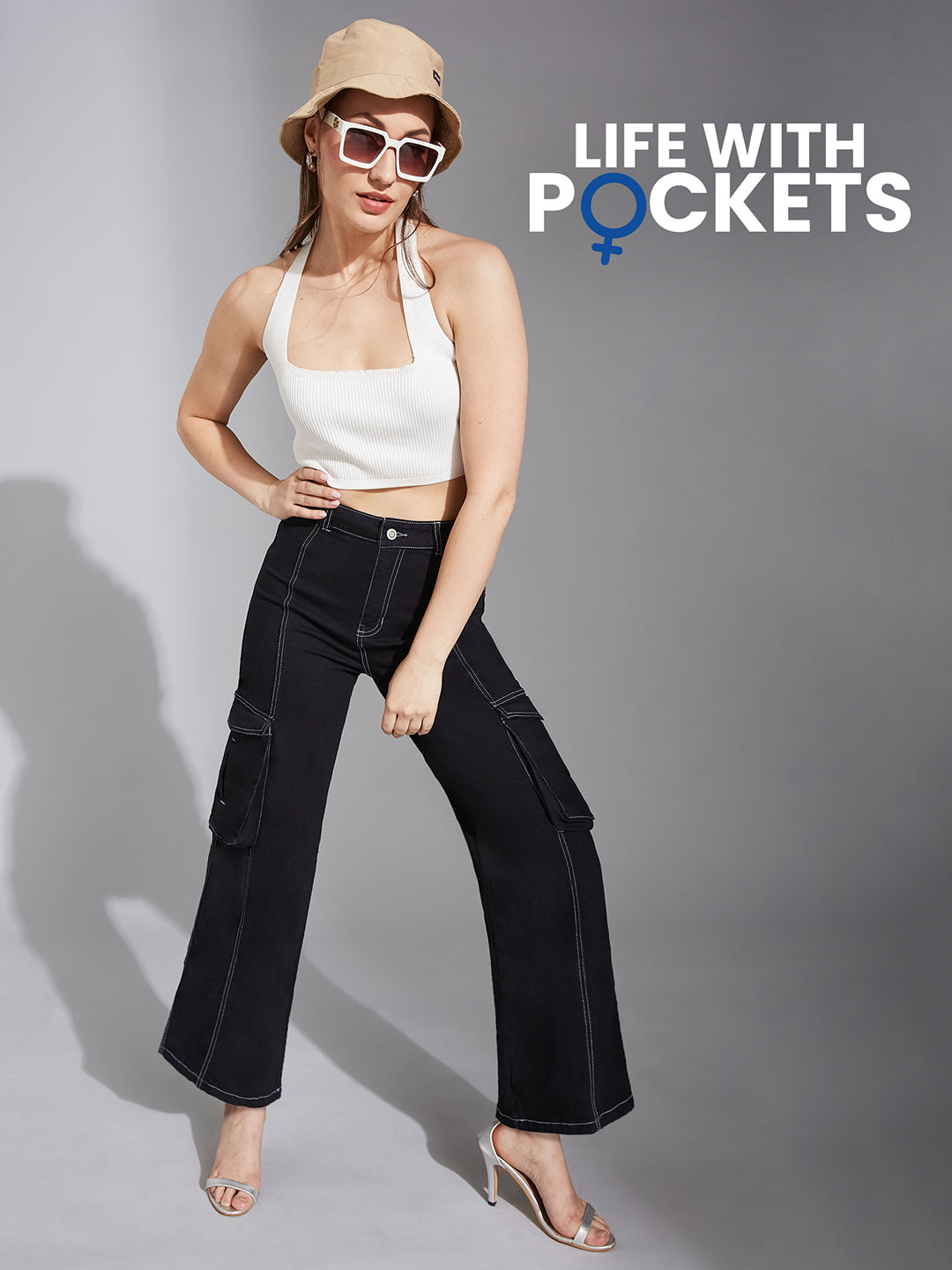 Women's Black Wide-Leg High-Rise Clean-Look Stretchable Patch-Pocketed Denim Jeans