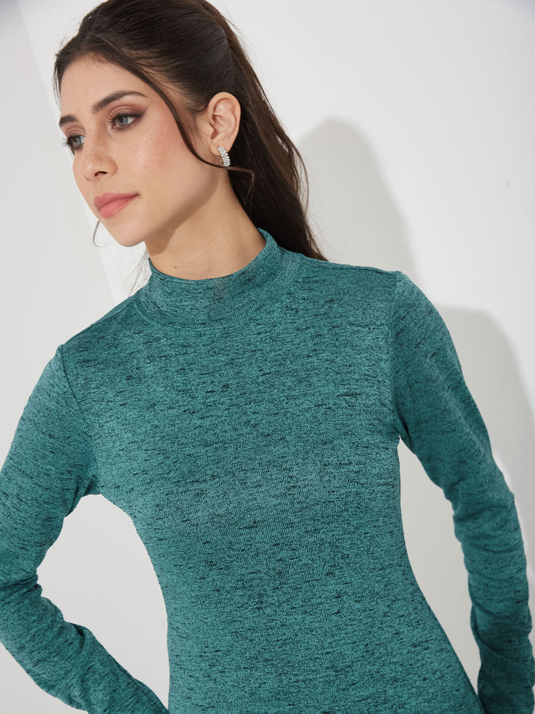 Teal Mock Neck Full Sleeve Solid Bodycon Maxi Cotton Dress for Women