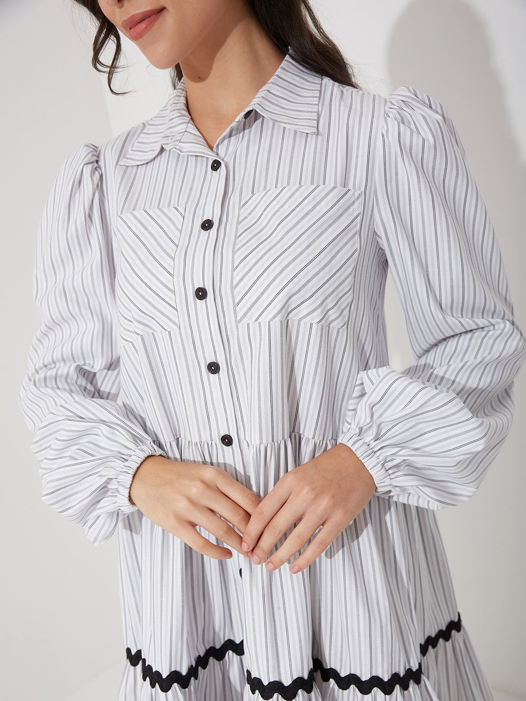 Black & Grey Striped Cotton Shirt Dress with Balloon Sleeves and Chest Pockets for Women