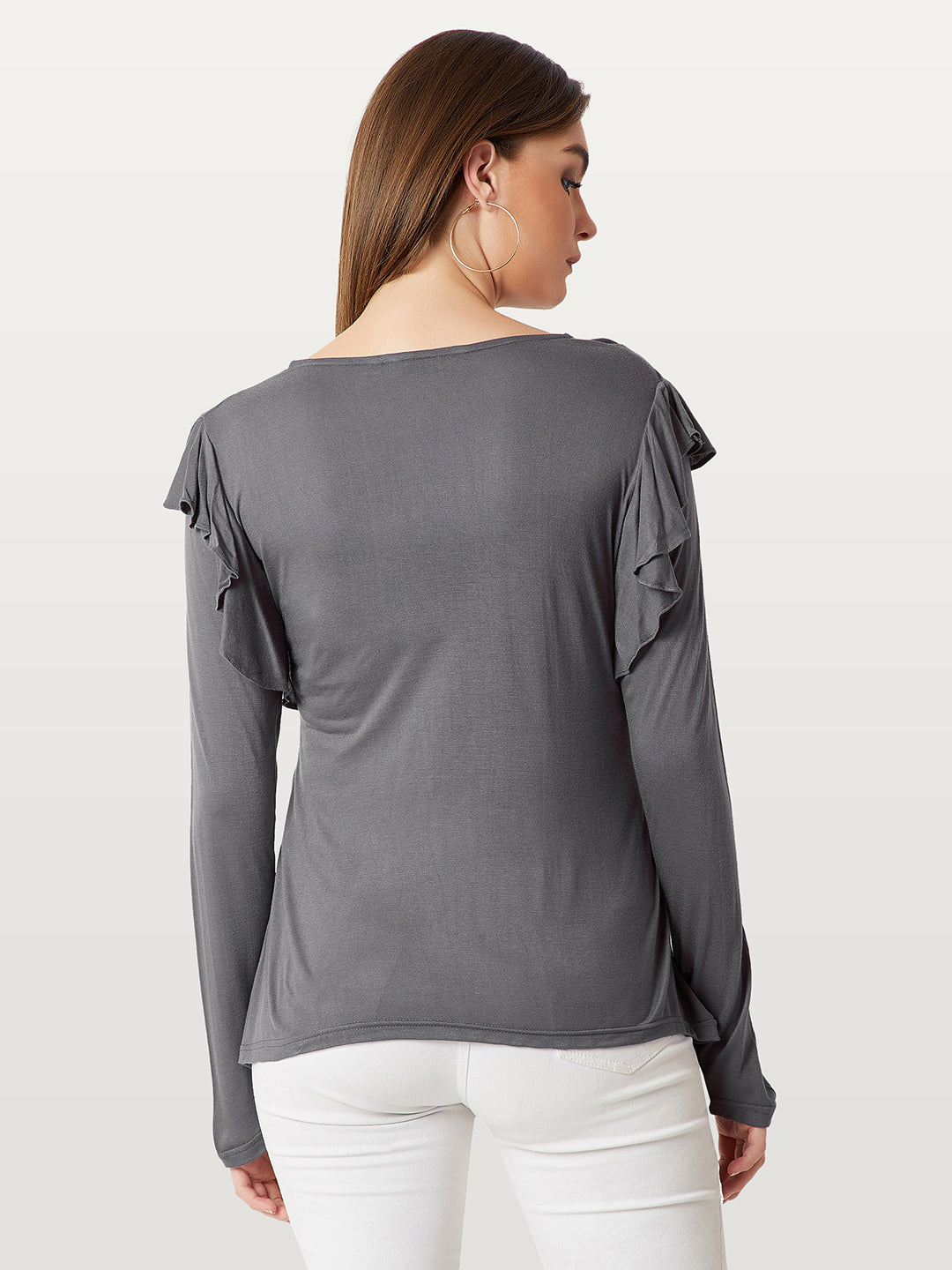 Women's Grey Round Neck Full Sleeves Solid Ruffled Top