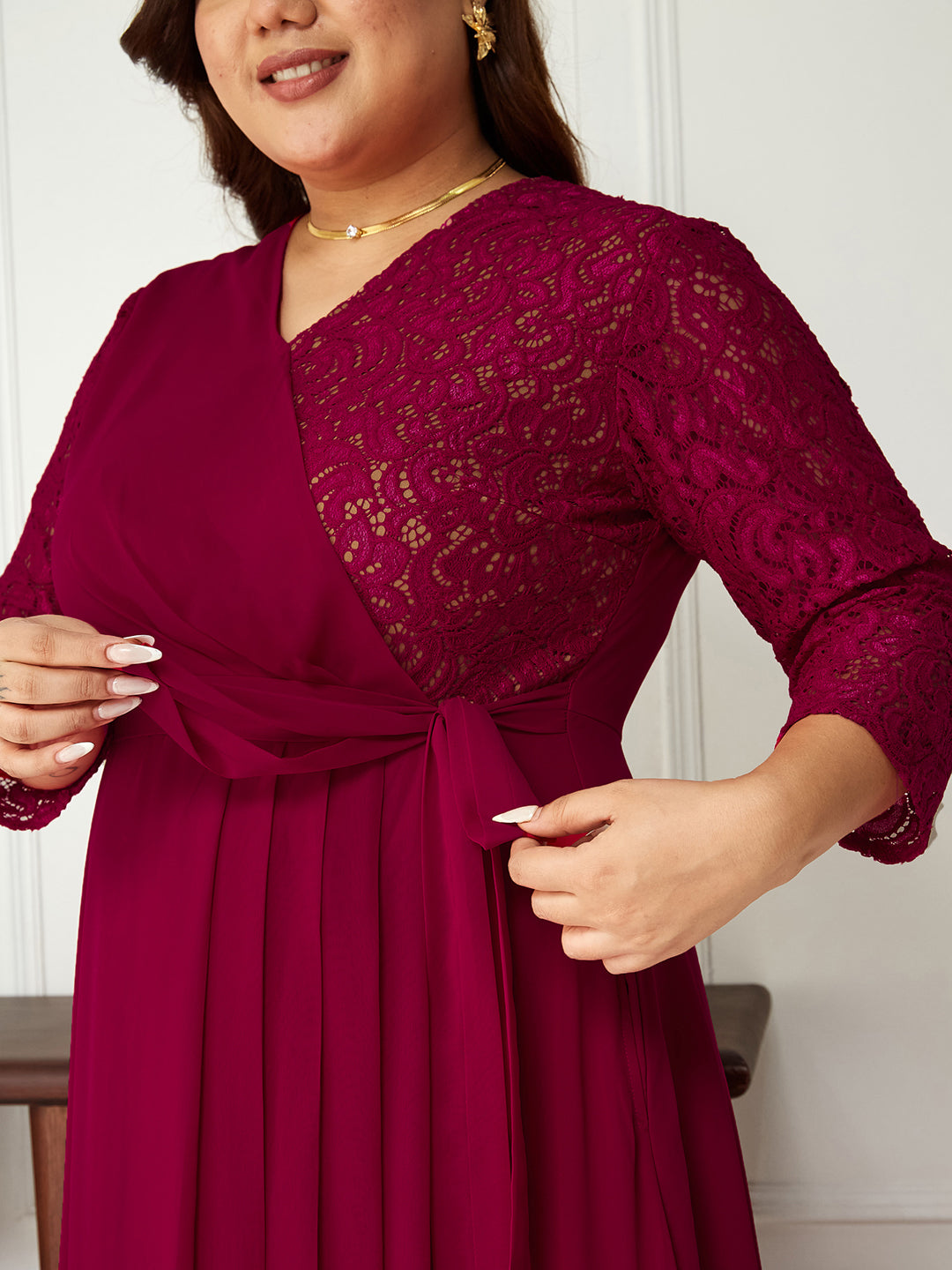 Dark Pink Colored V-Neck Three-Quarter Sleeve Self-Designed Wrap Maxi Georgette Dress for Women