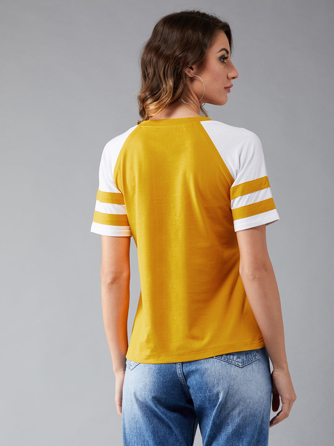 Women's Mustard and white Round Neck Short Sleeve Solid Basic Regular T-Shirt