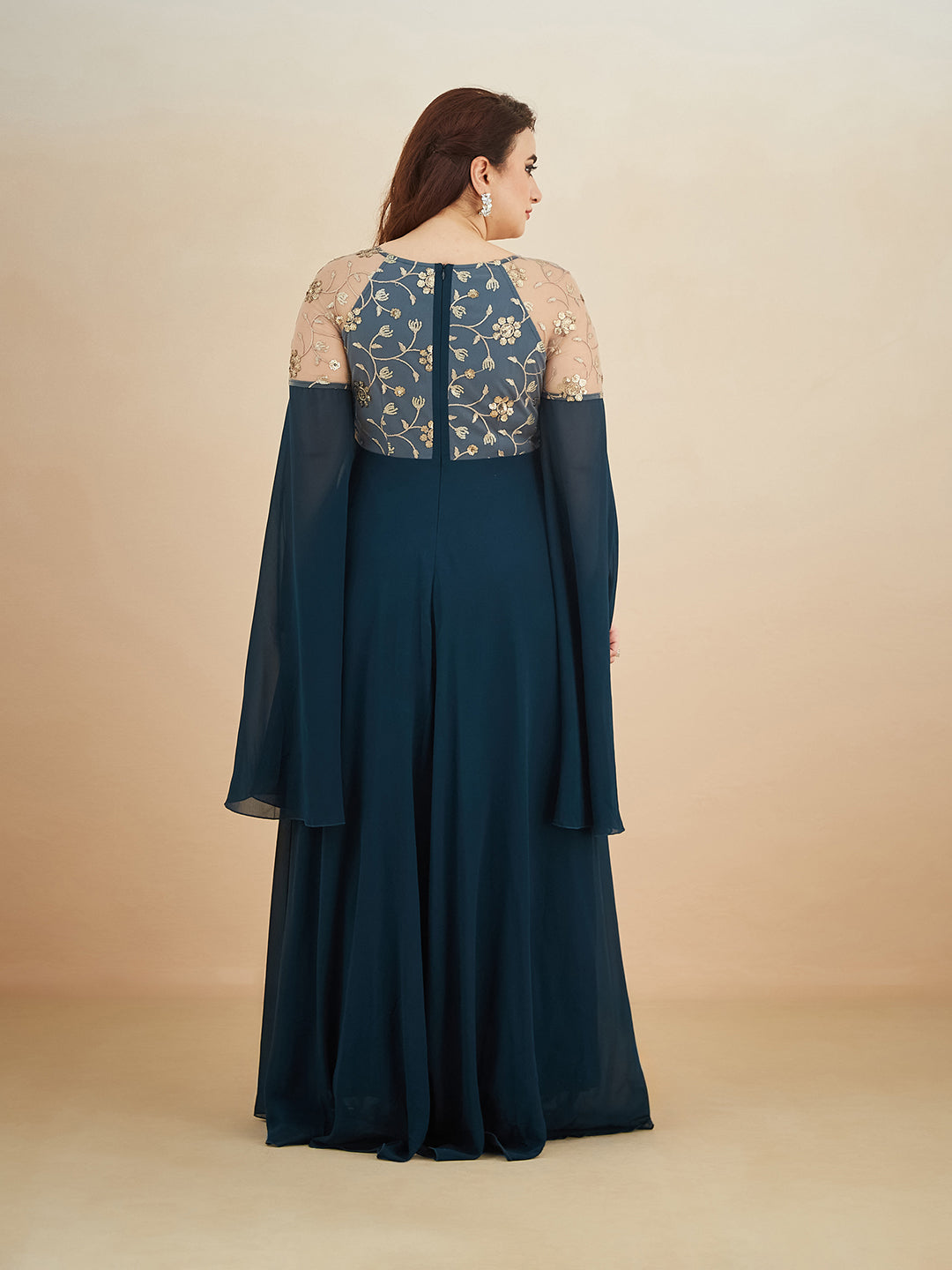 Teal V-Neck Full Sleeve Embroidered Fit & Flare Georgette Maxi Dress for Women