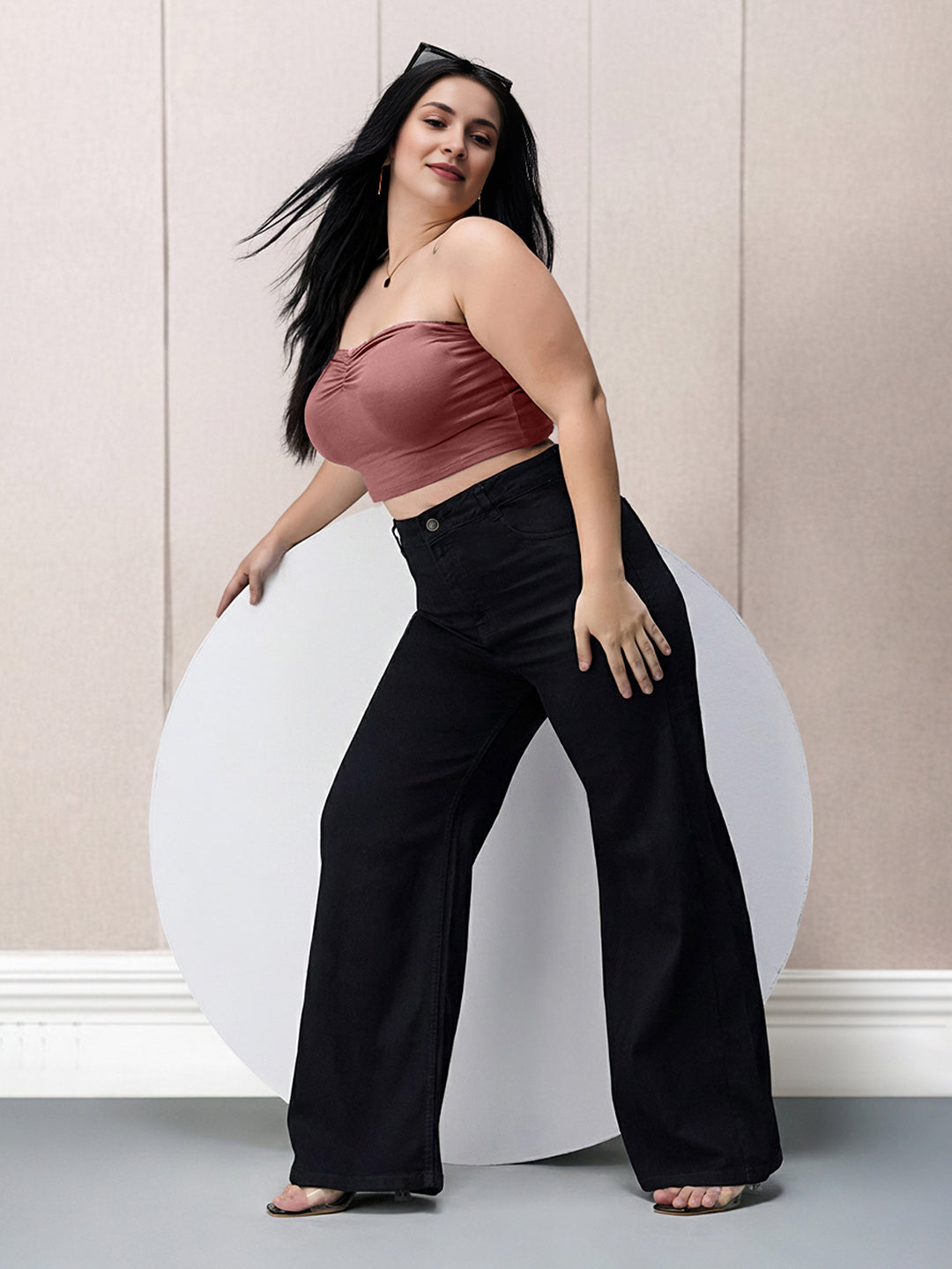 Black Wide Leg High Rise Stretchable Denim Jeans for Women