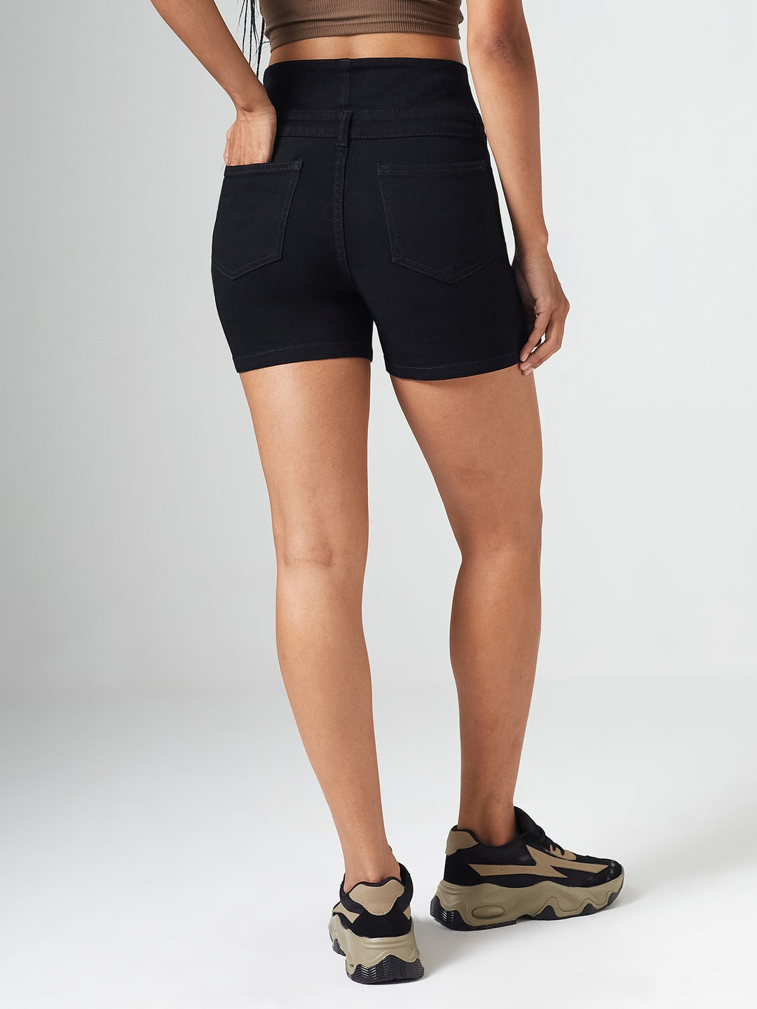 Black Regular-Fit High-Rise Clean-Look Regular-Length Stretchable Denim Shorts for Women